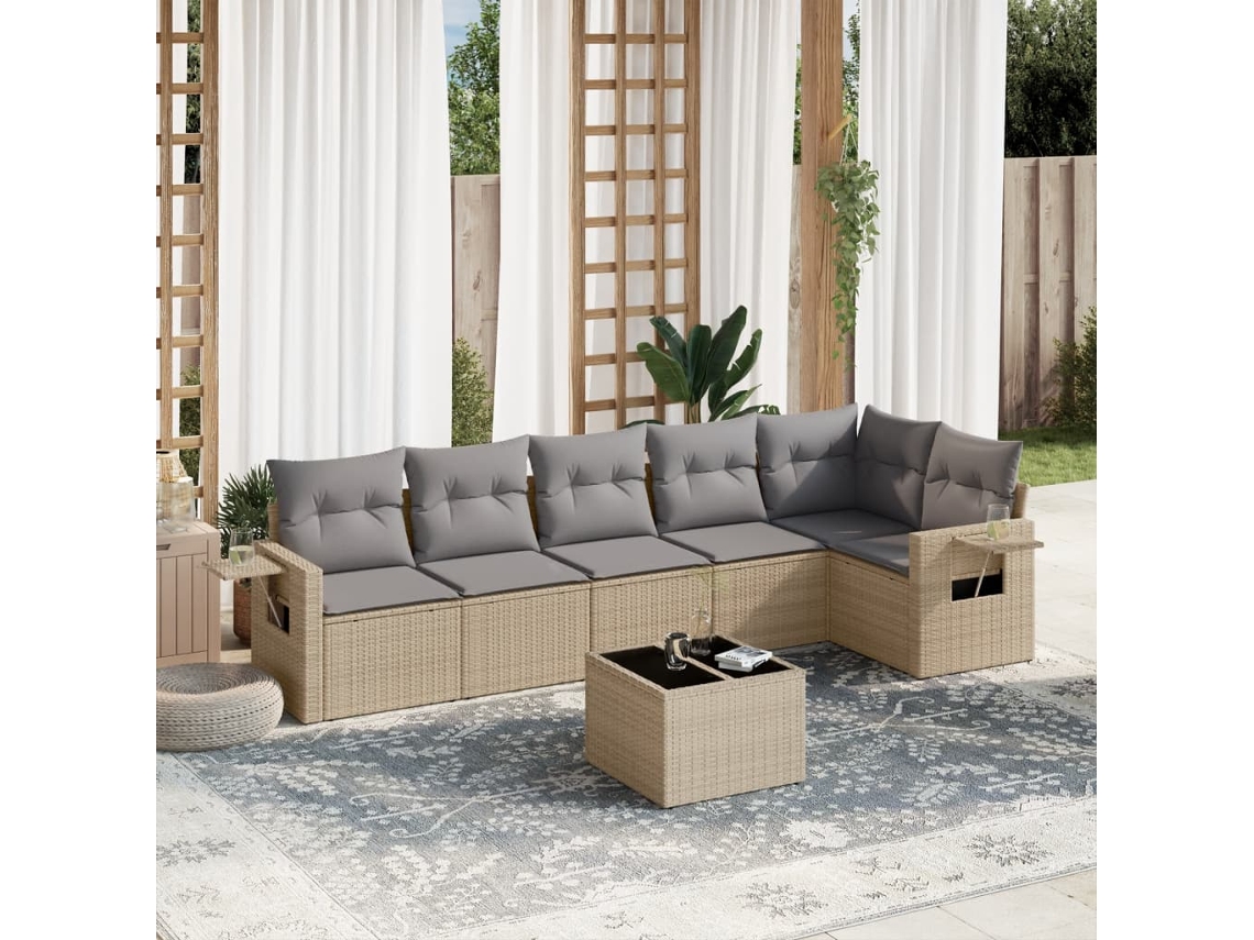 Vidaxl 7 Pcs Conjunto De Sofás P/ Jardim Com Almofadões Vime Pe Bege
