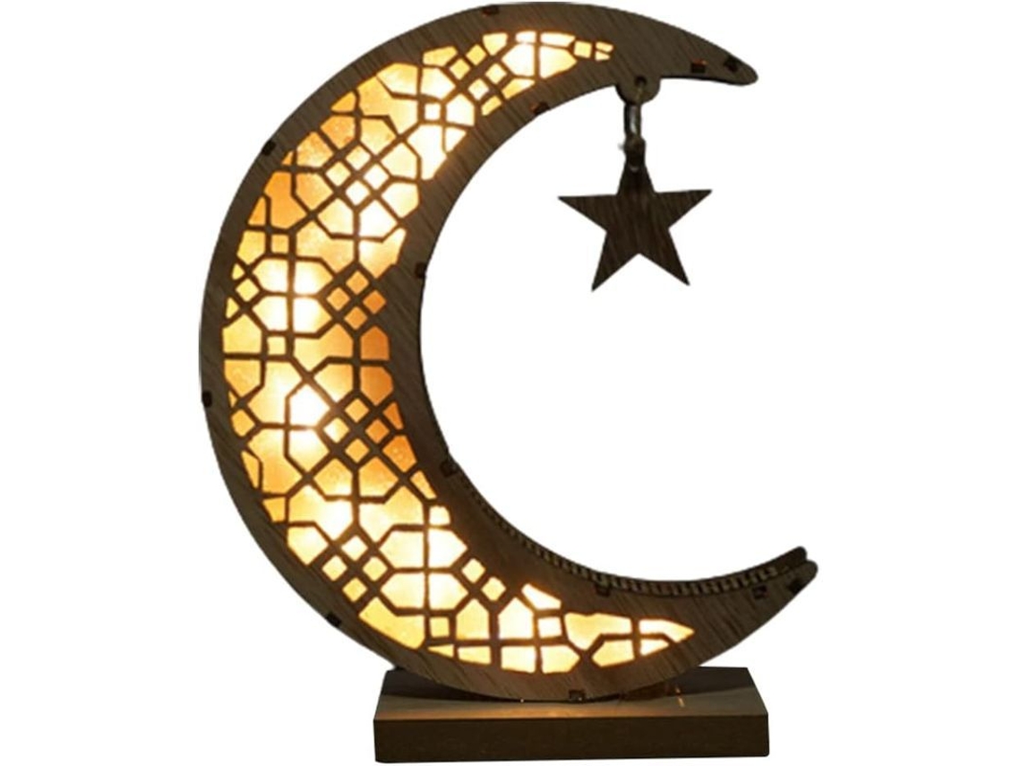 2026 lâmpada de Ramadã de Madeira 3d Linjou com Luzes Led Lua Estrela Decoração Artesanal