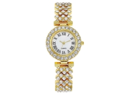 Relógio Feminino De Quartzo Com Padrão Romano E Diamantes, Cor: Dourado