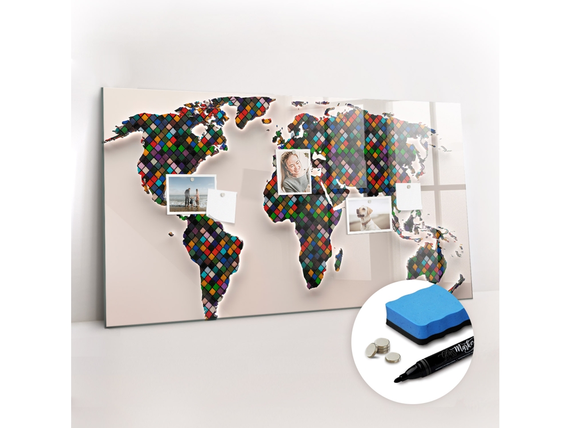 Quadro De Vidro Magnético Mapa-múndi Abstrato Para O Quarto Das Crianças Espelharte (120x60 Cm)