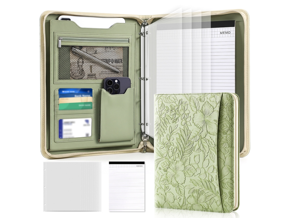 A4 Leather Zipper Portfolio Folder With Embossed Print Green, Includes A4 Notepad 25-sheets 10 Sheet Protectors 11-hole