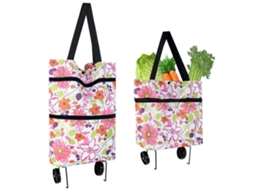 Carrinho de Compras Dobrável com Rodas, Estampa Floral Rosa, 2 em 1, Ideal para Compras, Viagens e Camping, Tamanho Compacto. GOKOCO