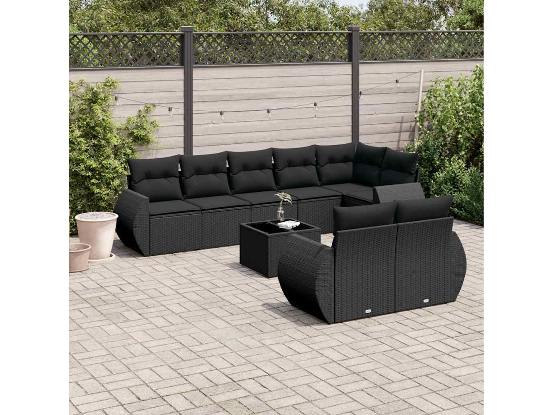 Vidaxl 9 Pcs Conjunto De Sofás P/ Jardim C/ Almofadões Vime Pe Preto