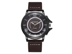 Reloj De Cuarzo Para Hombre Con Correa De Cuero Pu Estilo Casual De Negocios Dial Doble Círculo Marrón Oscuro