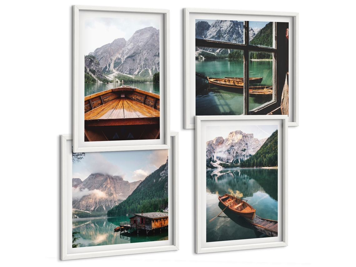 Composição De Quadros Lagos Montanhas Barcos Paisagens Espelharte (4 Peças)