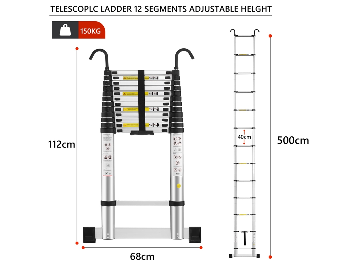 Escada Telescópica Em Alumínio Prateado 5 M, Máx.carregar 150kg