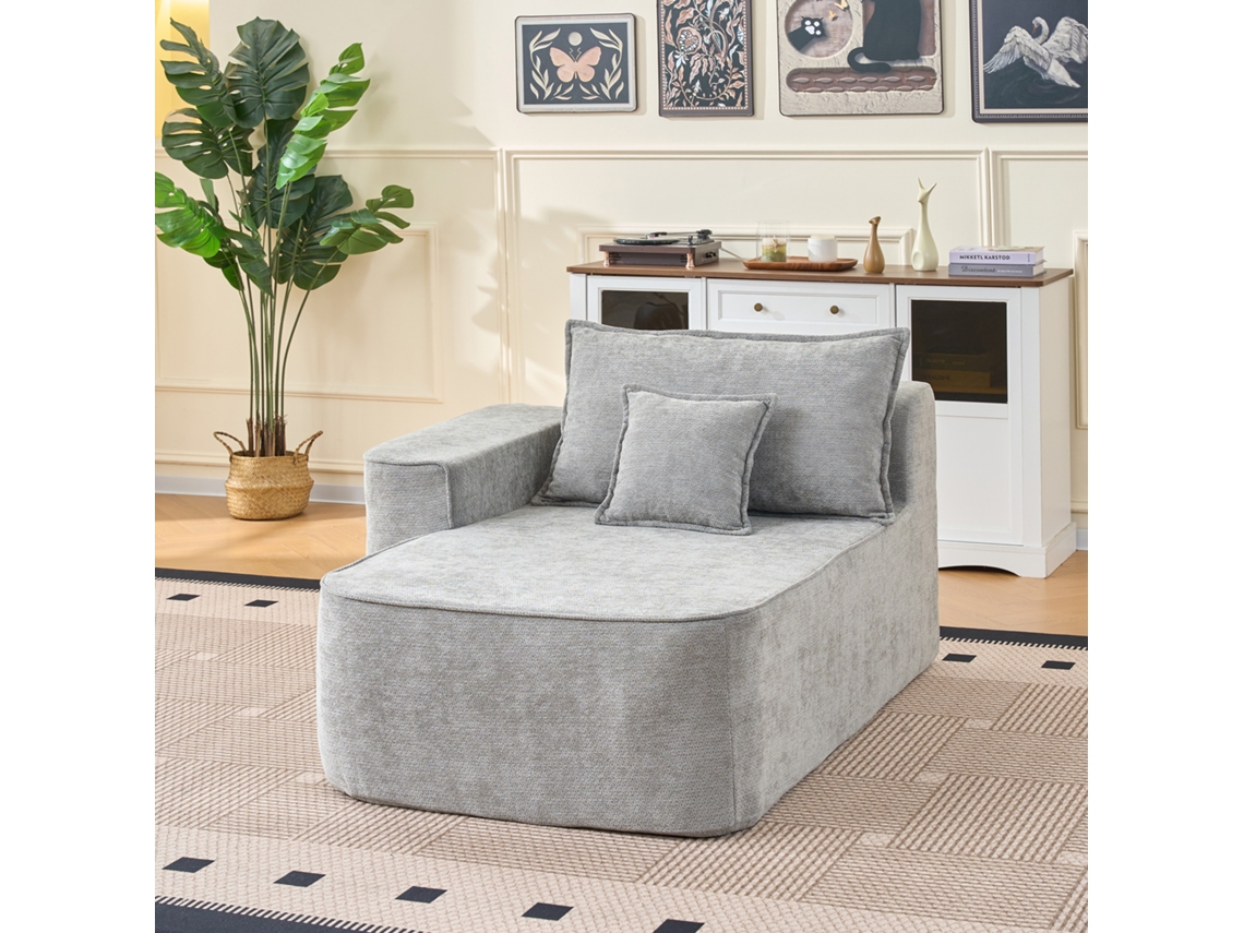 Chaise Longue Sem Montagem – Sofá Confortável E Macio Com Almofadas Incluídas E Bolsos Laterais, Em Cinzento.