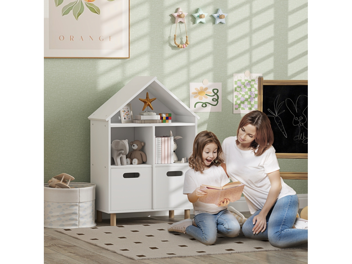 Estante Infantil Móvel de Armazenamento com 3 Níveis e Duas Gavetas em Forma de Casa 63,7 X 29,7 X 89 Cm Branca