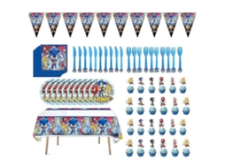 Acessórios e Decorações para Festa Temática Sonic com Pratos, Guardanapos, Bandeirinhas, Toalhas de Mesa e Conjunto de Talheres BRILVIBERA