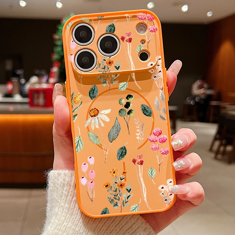 Capa Magnética Para Iphone 13 Pro Com Estampa Floral (laranja), Capa Traseira Rígida Em Tpu E Pc.