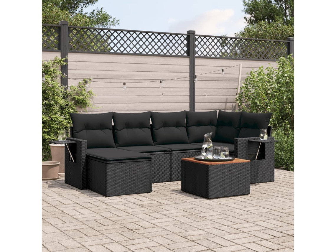 Vidaxl 7 Pcs Conjunto De Sofás P/ Jardim C/ Almofadões Vime Pe Preto