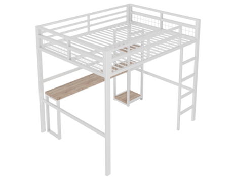 Cama Suspensa 140x200 Cm Em Estrutura Metálica Com Usb C, Grade E Escada Branco Komhtom (sem Colchão)