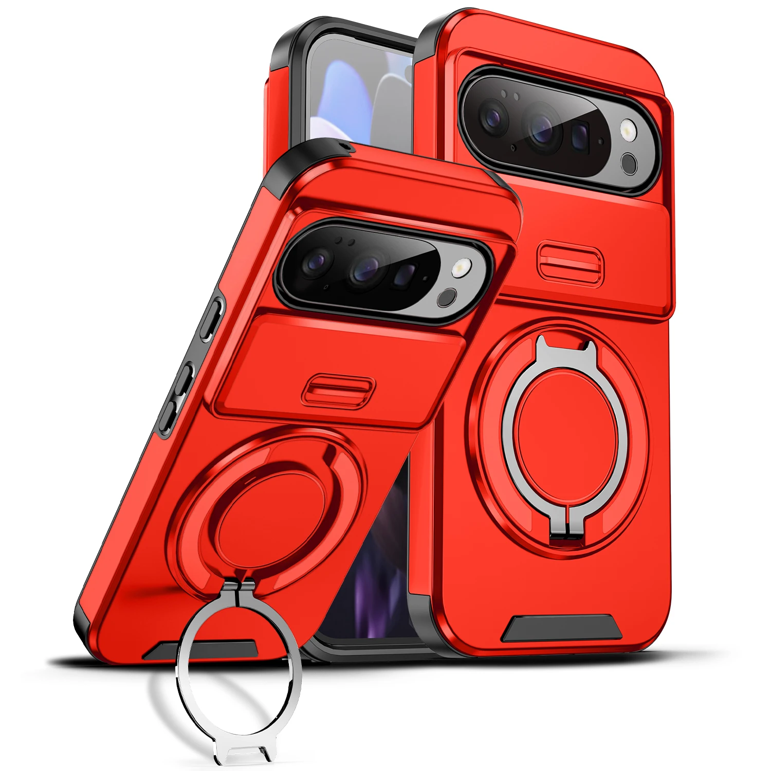 Capa Rígida À Prova De Choque Com Suporte De Anel Para Celular (google Pixel 9 Pro Xl Vermelho) Com Abertura Por Pressão.