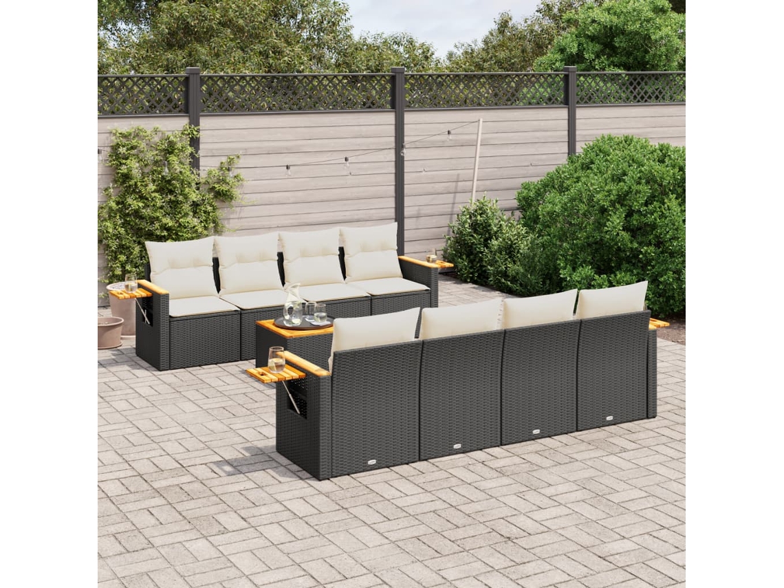 Jogo de Sofá 9 Peças P/ Jardim C/ Almofadões Vime Pe Preto Dkd Home Decor