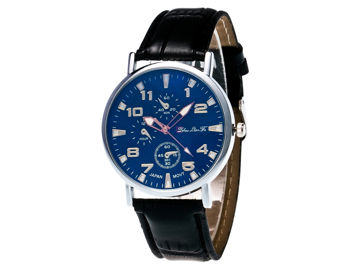 Relógio masculino de quartzo com pulseira de couro PU, caixa simples em liga metálica e mostrador redondo preto.