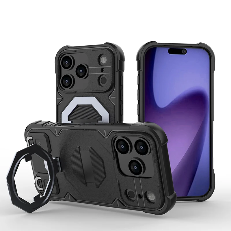 Capa Para Celular Com Suporte Magnético De Metal (preta, Iphone 15 Plus), À Prova De Quedas, Com Cordão Na Parte Traseira.