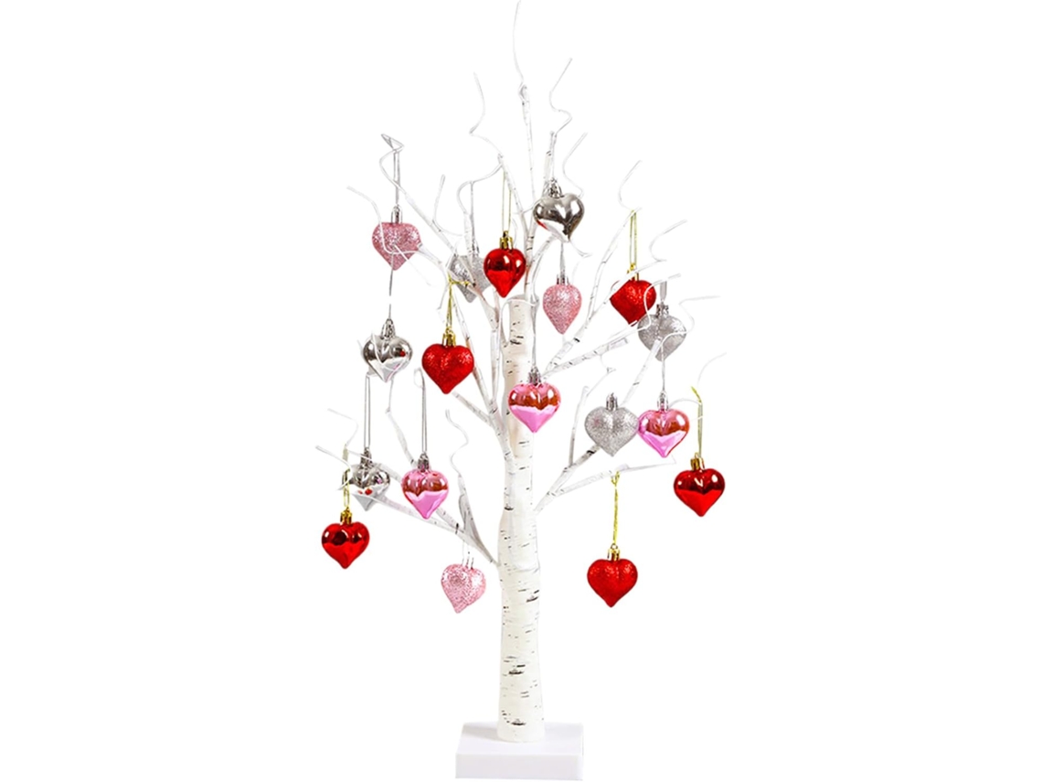 Árvore De São Valentim, Decoração Romântica De Bétula Com Luzes Incandescentes, 24 Lâmpadas Led E 18 Corações