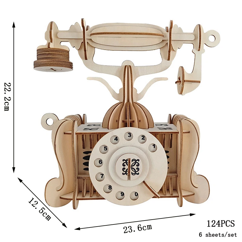 Quebra cabeça 3d de Madeira, Modelo Retrô de Eletrodoméstico para Montar (faça Você Mesmo). MDUG (telefone Antigo)