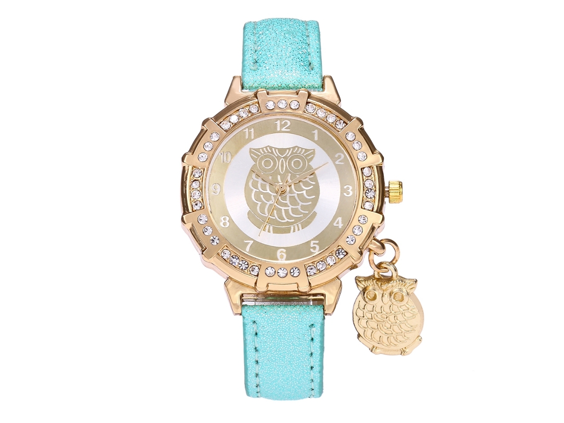Relógio de Pulso Feminino com Pingente de Coruja e Strass em Couro Pu (menta)