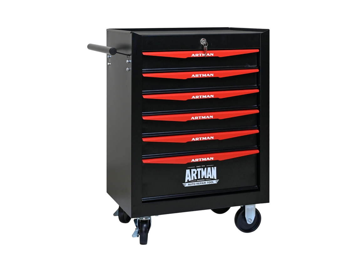 Caixa Ferramentas Metal, 6gavetas, Rodante, Aço Preto+vermelho, Organizador kd