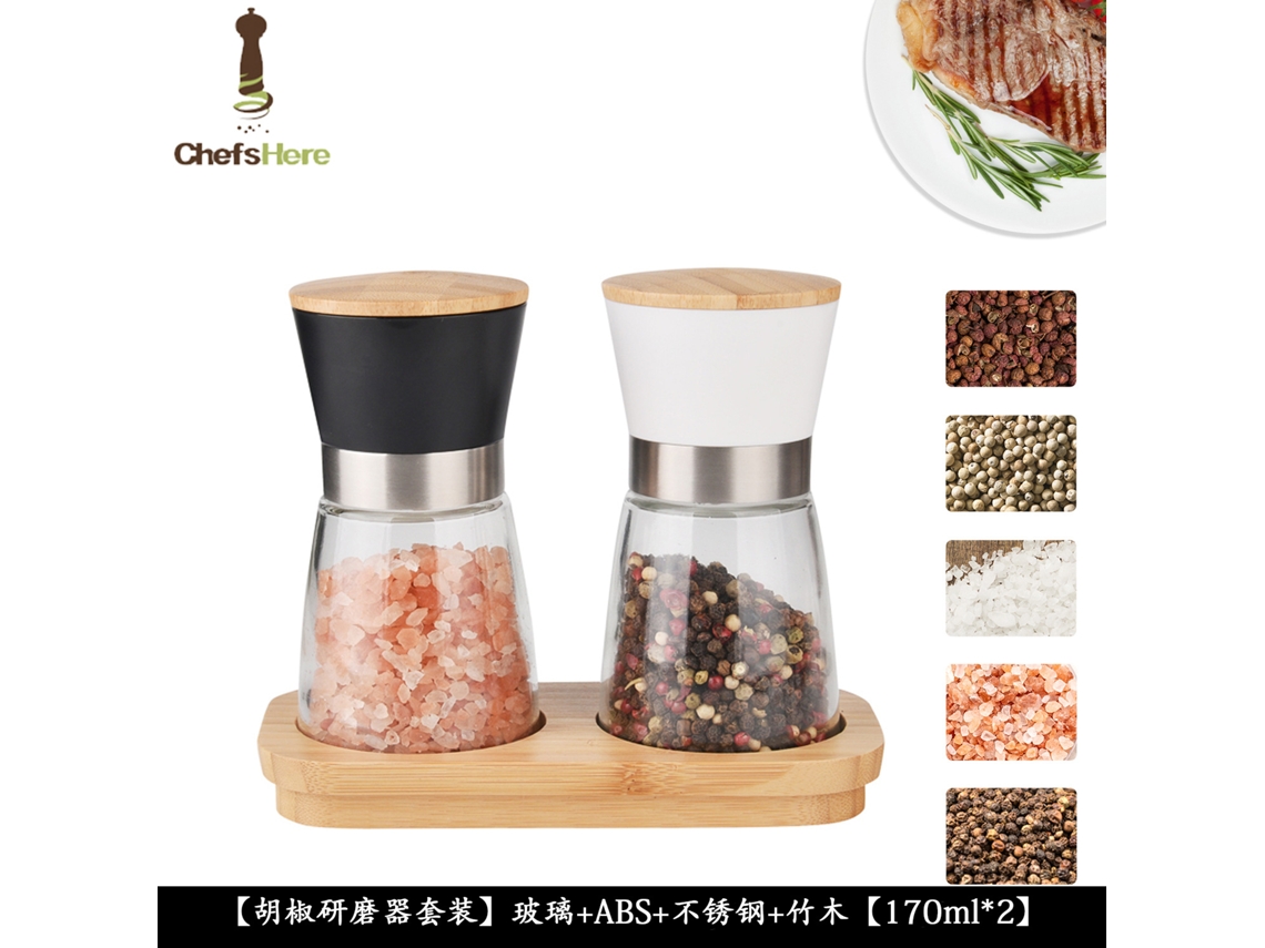 Moedor Manual de Sal e Pimenta de Madeira para Cozinha-T3 Preto + Branco Madeira + Abs + Vidro LUUCOZK