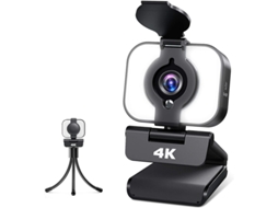 Webcam 4K com microfone e tripé, câmera USB Bestvite com capa de privacidade e anel de luz ajustável (preto)