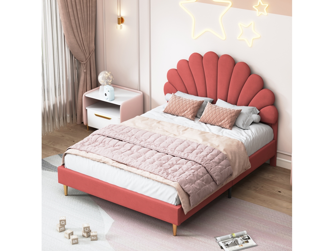 Cama infantil estofada 140x200cm com cabeceira floral em veludo vermelha INONEFT