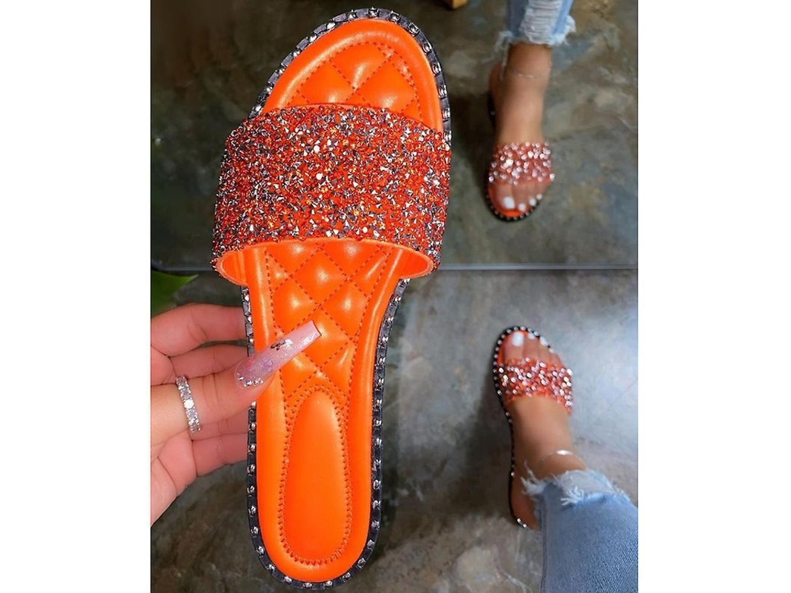 Sandálias rasteiras femininas com glitter, modelo casual 2026.