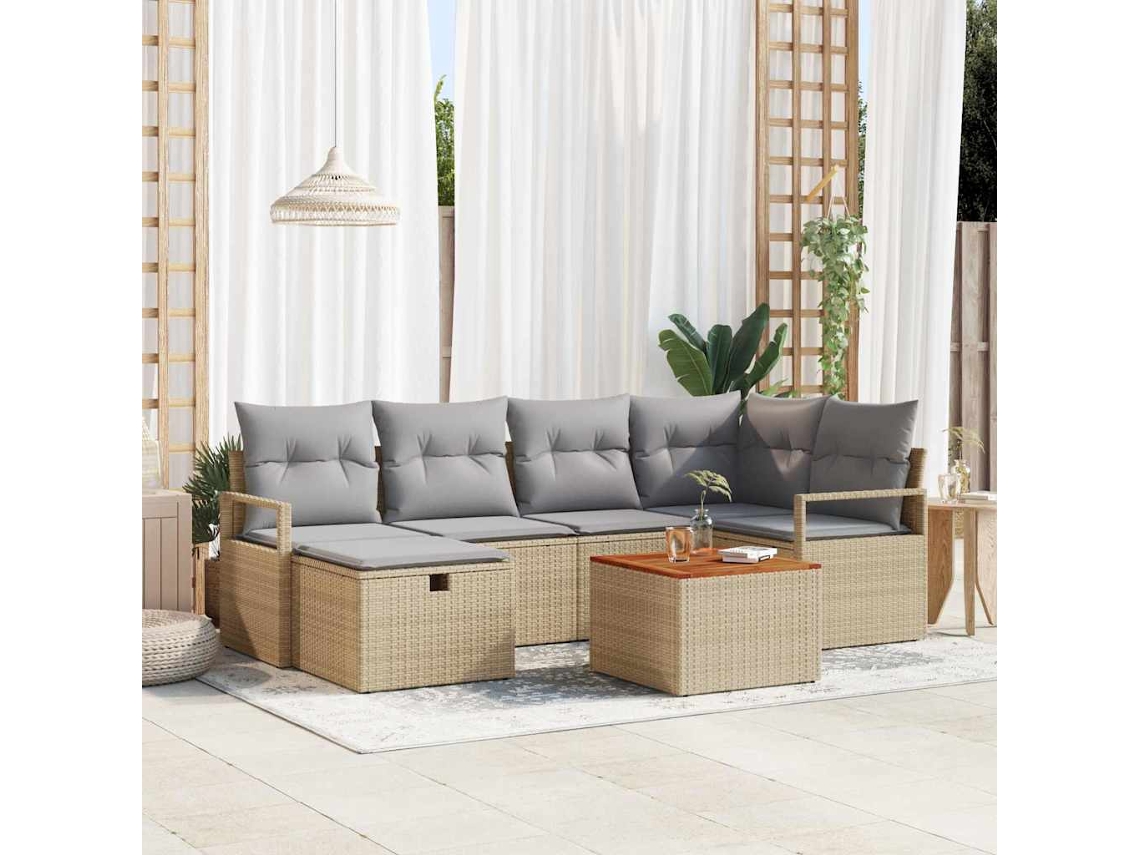 Vidaxl Conjunto De Sofá De Jardim 7 Unid. Bege Vime Pe