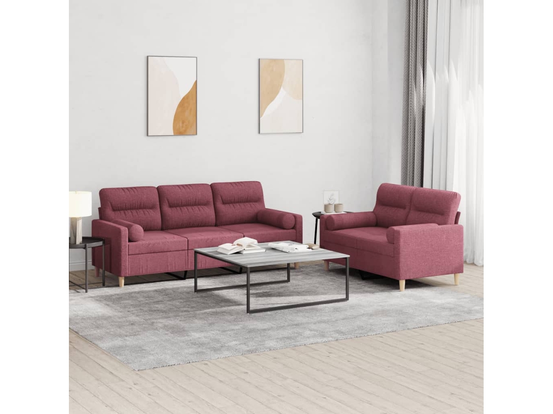 Vidaxl 2 Pcs Conjunto De Sofás Com Almofadas Tecido Vermelho-tinto