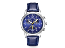 Relógio masculino de quartzo elegante com pulseira de couro PU, detalhes em azul e mostrador elegante.