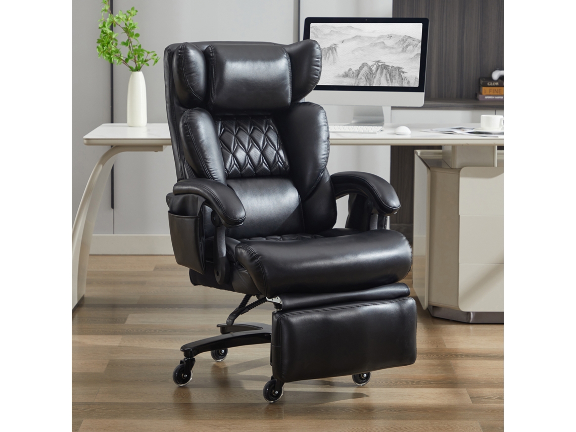 Cadeira de Escritório Ergonômica com Massagem e Aquecimento Apoio para os Pés, Couro Pu, Preta