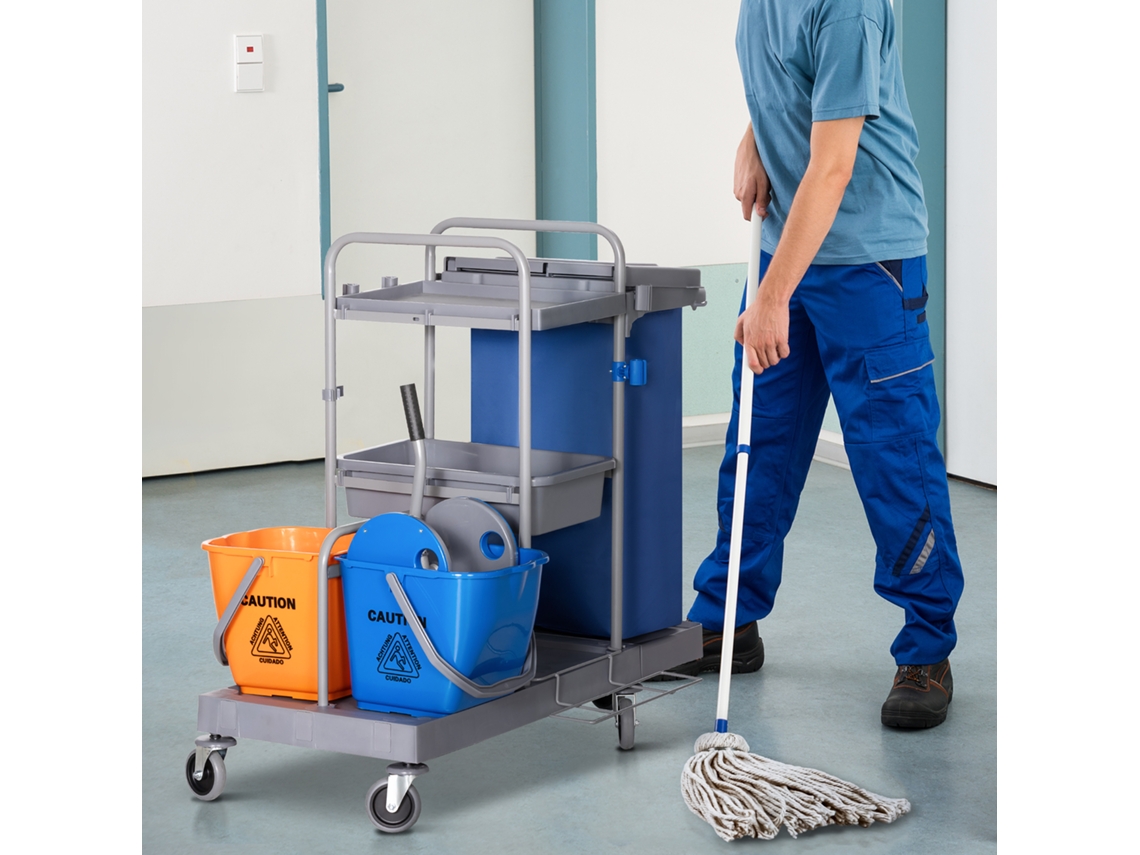 Carrinho para Limpeza Profissional, 2 Baldes de 18l, Escorredor com Alavanca, 111x63,3x103cm, nas Cores Cinza, Azul e Laranja