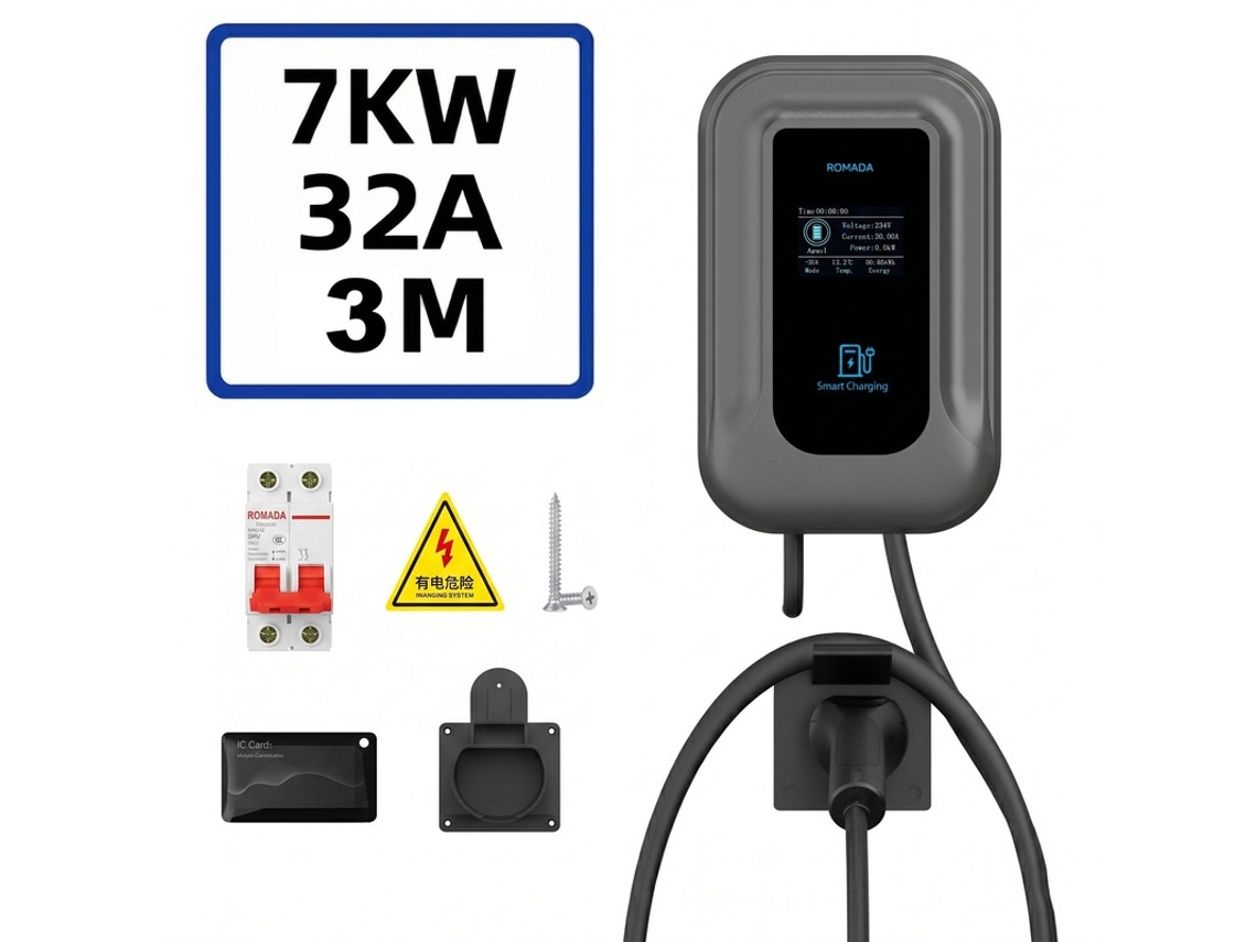Wallbox Carregador Carro Elétrico Tipo 2 SZSMART Qc5 7kw 32a Monofásico Ajustável, Leitor Rfid, Ecrã Lcd, Cabo Aberto 3m