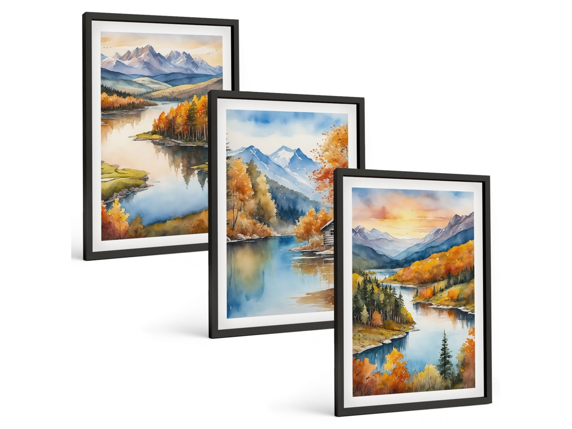 Composição De Quadros Paisagens De Montanha No Outono Moldura Preta Quadros Para O Escritório Espelharte (3 Piezas De 40x60 Cm)