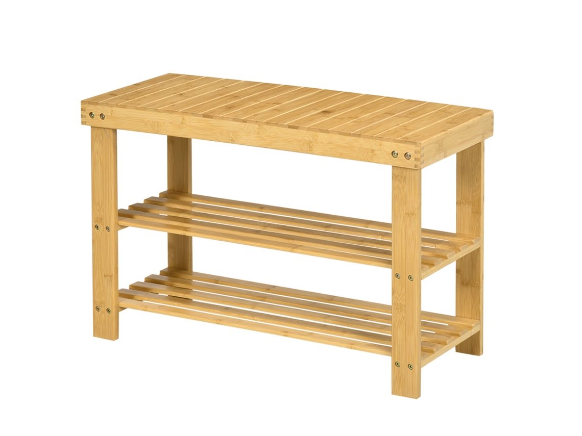 Banco Baixo de Bambu para Sapatos com 2 Prateleiras Ripadas, Assento, 70x28x45 Cm Natural CHEZMOI