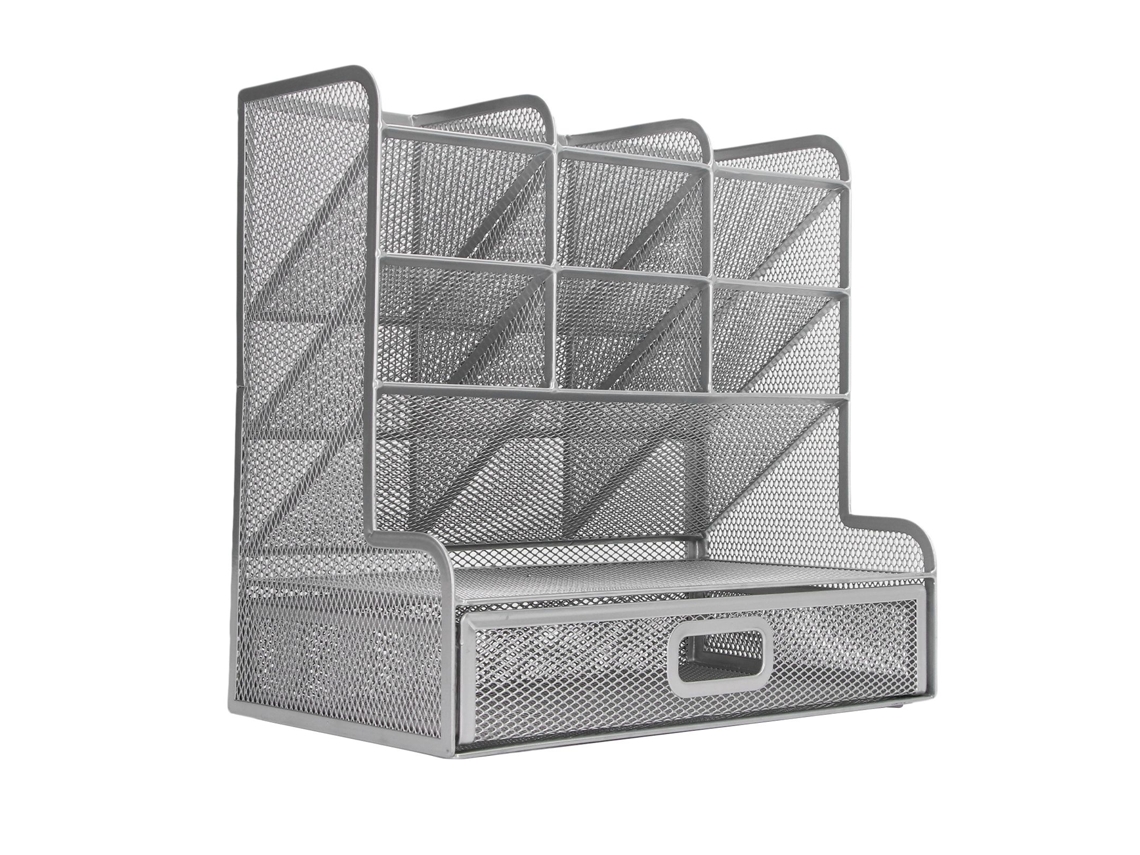 Organizador De Canetas De Malha Com 9 Compartimentos E Gaveta Deslizante Vertical Para Armazenamento Multifuncional Prata
