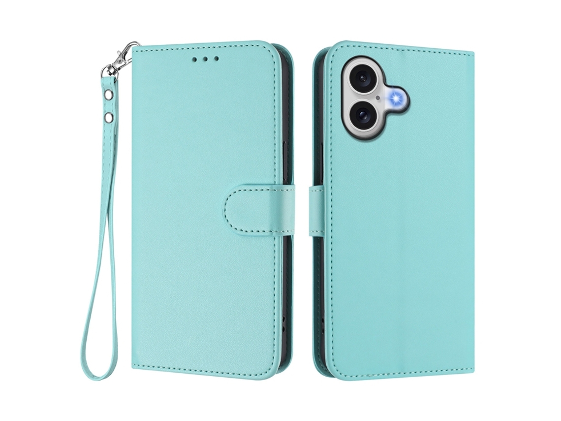 Capa Carteira De Couro Para Iphone 17 Com Alça De Pulso - Verde Menta