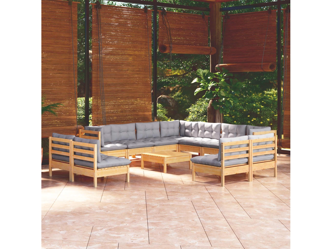 12pcs Conjunto Lounge De Jardim Almofadões Cinza Pinho Maciço Dkd Home Decor