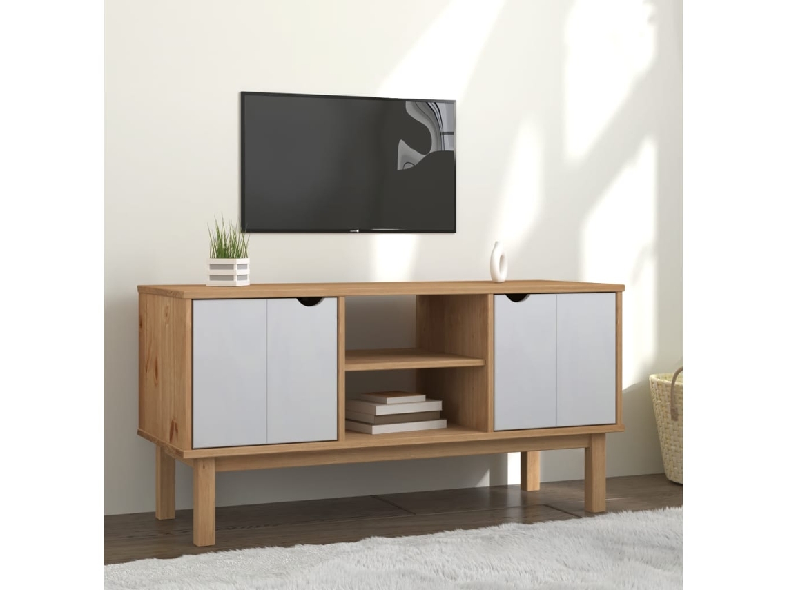 Vidaxl Móvel De Tv Otta 113,5x43x57 Pinho Maciço Castanho/branco