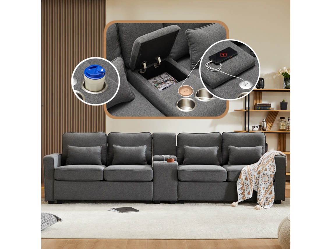Sofá 4 Lugares Linho Console Usb Porta copos Bolsos Laterais Estar VOLTEDGE