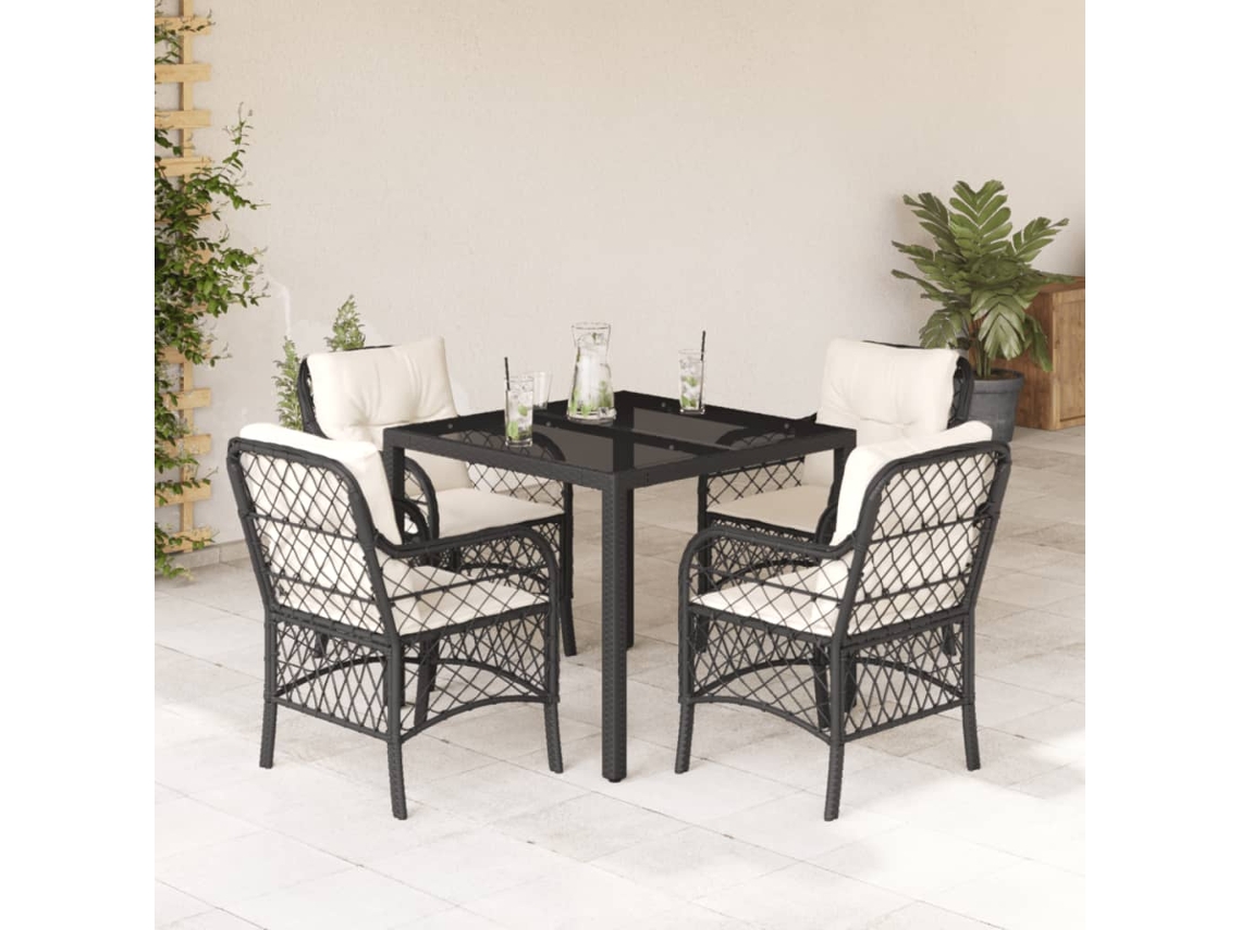 5 Pcs Conjunto De Jantar P/ Jardim C/ Almofadões Vime Pe Preto Dkd Home Decor