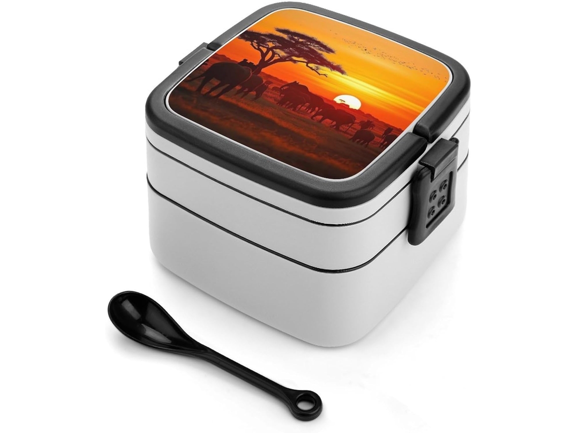 Marmita Bento De Dois Compartimentos Com Estampa Animais Africanos, Design Minimalista Moderno, Empilhável, À Prova De