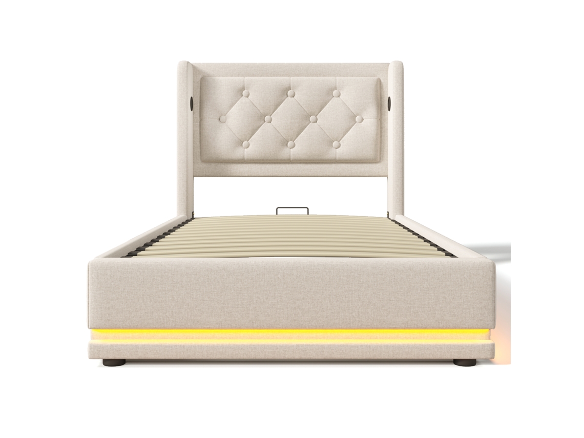 Cama de solteiro estofada 90x200cm em algodão bege com armazenamento hidráulico, cabeceira Usb tipo c, led nos três lados PAPRIKA