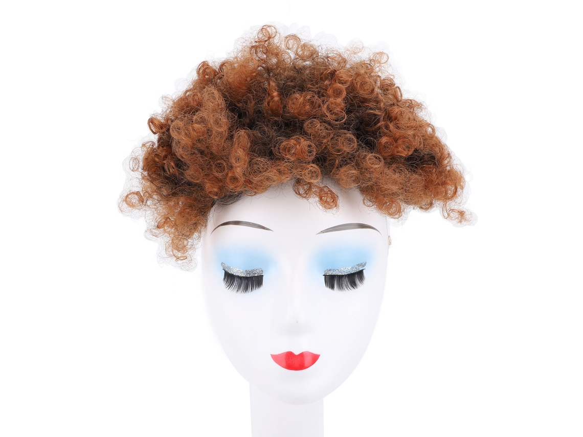 Aplique de cabelo com coque cacheado e franja para mulheres, coque cacheado volumoso