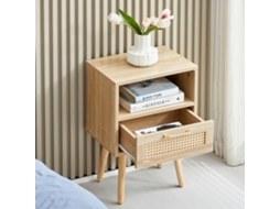 Mesa De Apoio Em Rattan Com Gaveta E Pernas De Madeira Maciça,mesa Moderna Para Sala E Quarto,aparência Em Madeira Natural,55x40x30cm