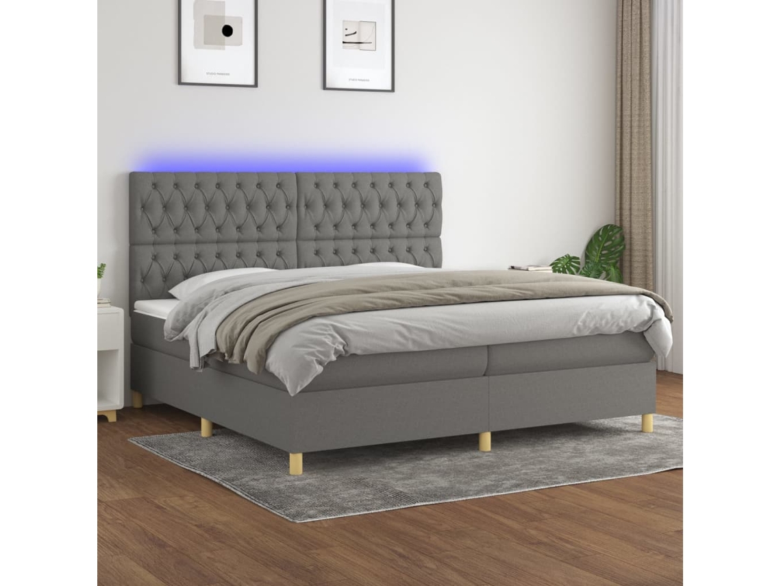 Vidaxl Cama Box Spring C/ Colchão E Led 200x200 Cm Tecido Cinza-escuro