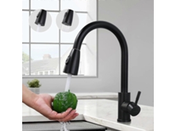 Grifo de Cozinha Preto Aço Inoxidável com Spray Extraível 2 Modos de Jato Altura Ajustável e Rotação de 360 Graus