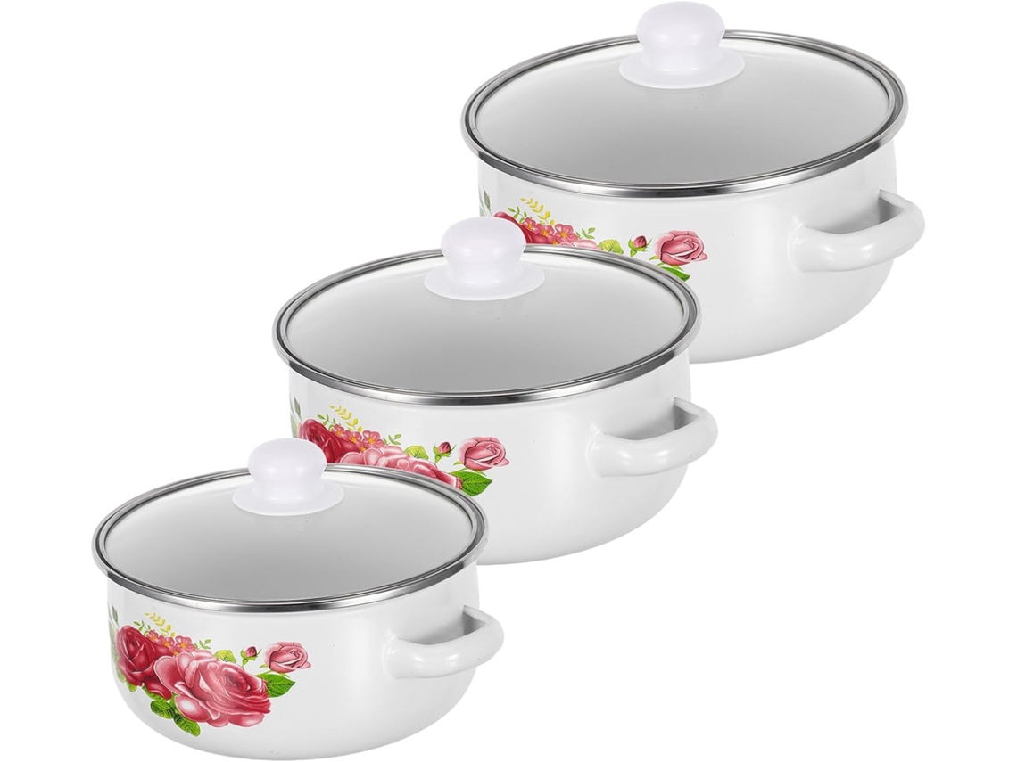 De 3 Peças De Panelas Esmaltadas Retrô Com Estampa Floral, Alças Duplas, Fundo Plano, Para Fogão De Indução E A Gás, Gokoco