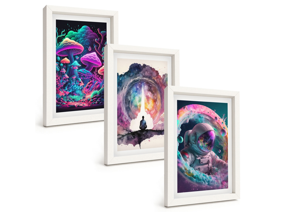 Composição De Quadros Ilustrações De Arte Fantástica Coloridas Espelharte (3 Peças 20x30 Cm)